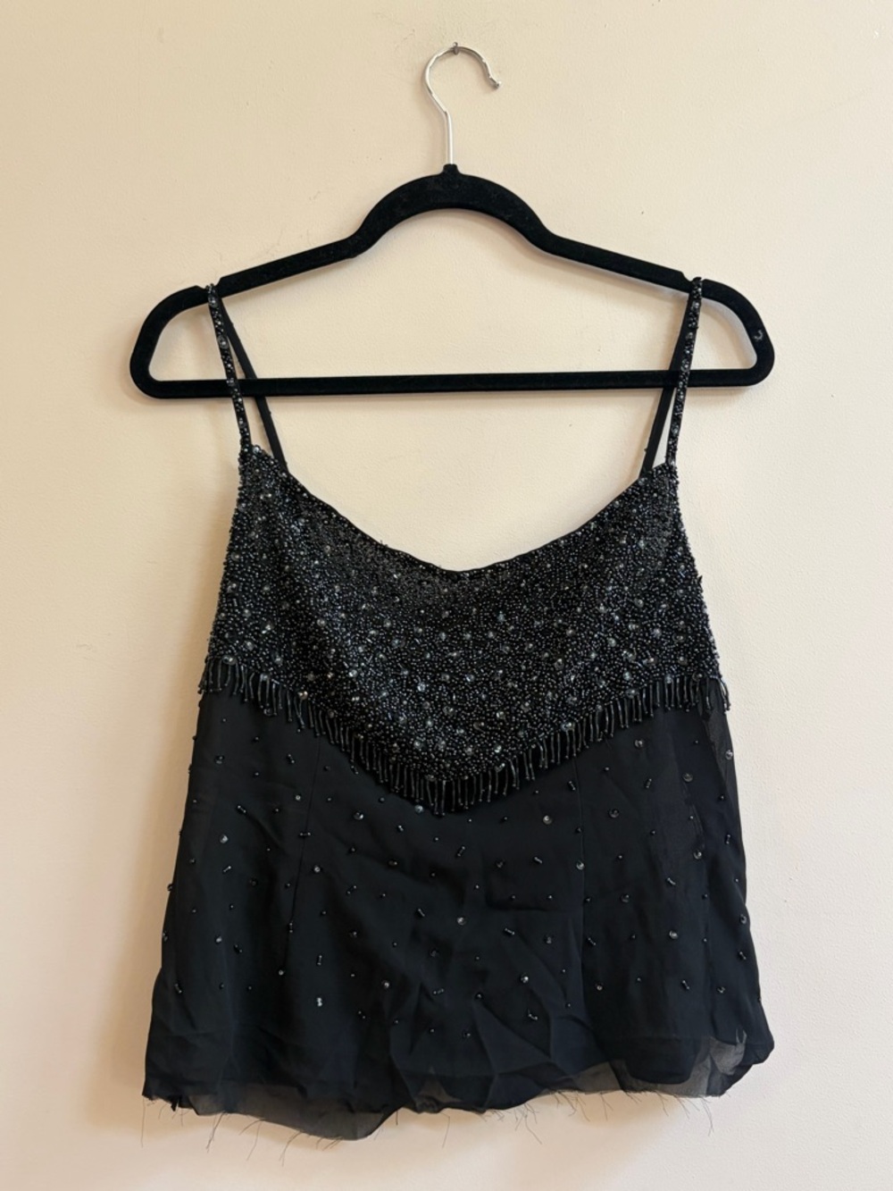 Vintage Y2K Handmade Beaded Sequins Sheer Black Spaghetti Strap Tank Top Shirt